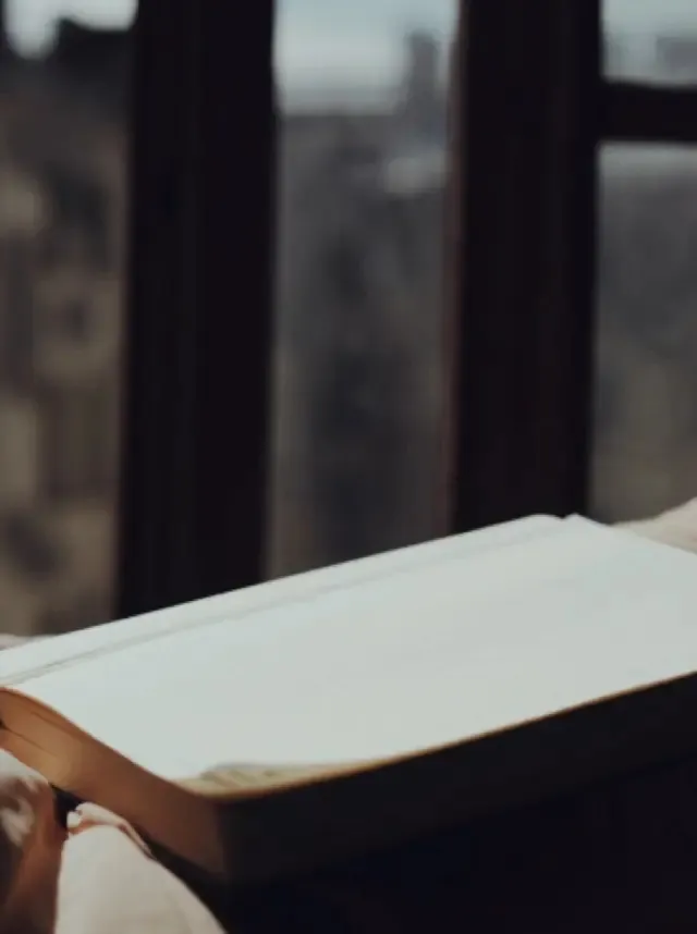 Open book with someone reading, large window with city view in the background.